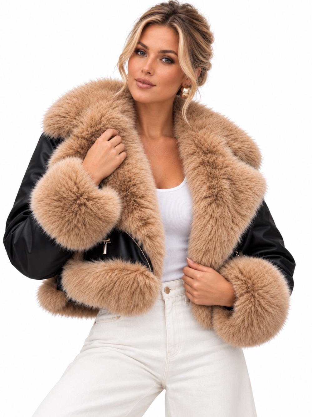 Faux Fur Trim Cropped Black Bomber Jacket with Faux Camel Fur